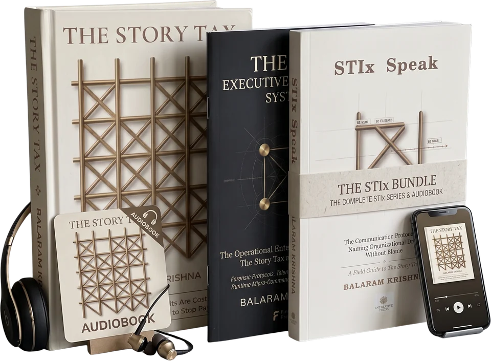 The Story Tax STIx Bundle: the hardcover book, The Executive System, STIx Speak with a bundle band, and the audiobook on a phone with headphones