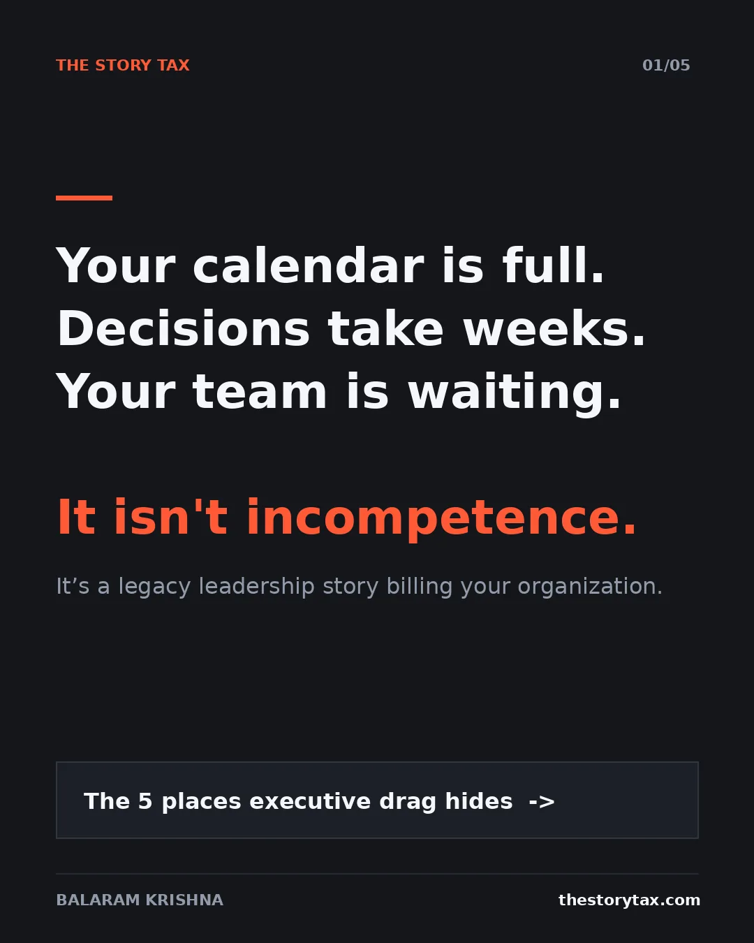 Slide 1 of 5. Your calendar is full. Decisions take weeks. Your team is waiting. It isn't incompetence. It's a legacy leadership story billing your organization.
