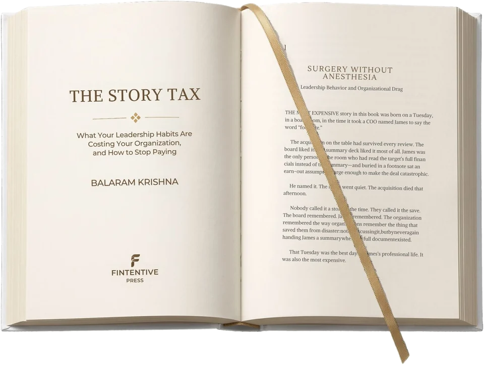 The Story Tax by Balaram Krishna: the book open to its title page and the first page of Chapter One, with a gold ribbon marker